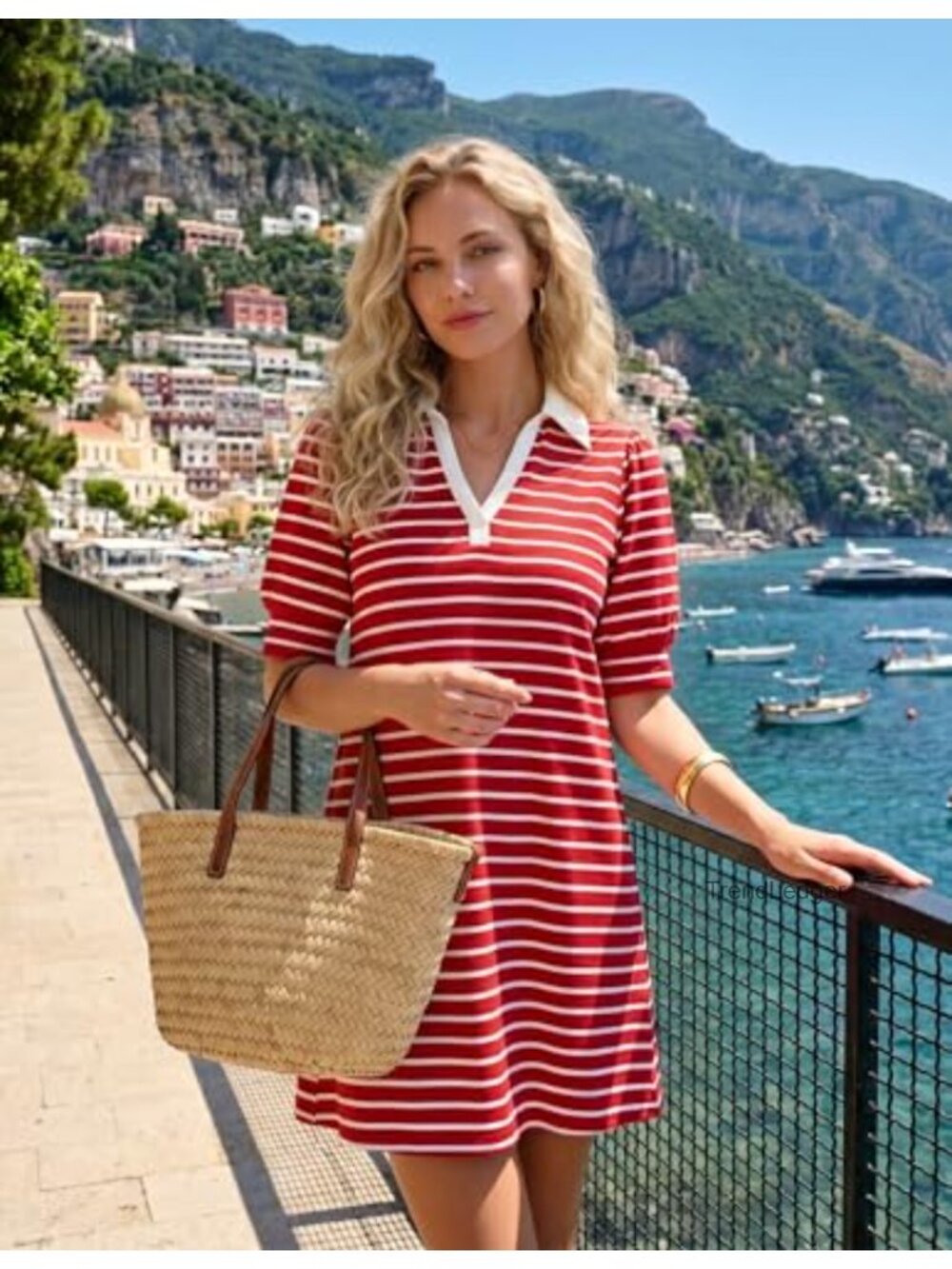 Ribbed Knit Striped V-Neck Mini Dress Puff Short Sleeve A-Line Casual - Picture 5 of 6
